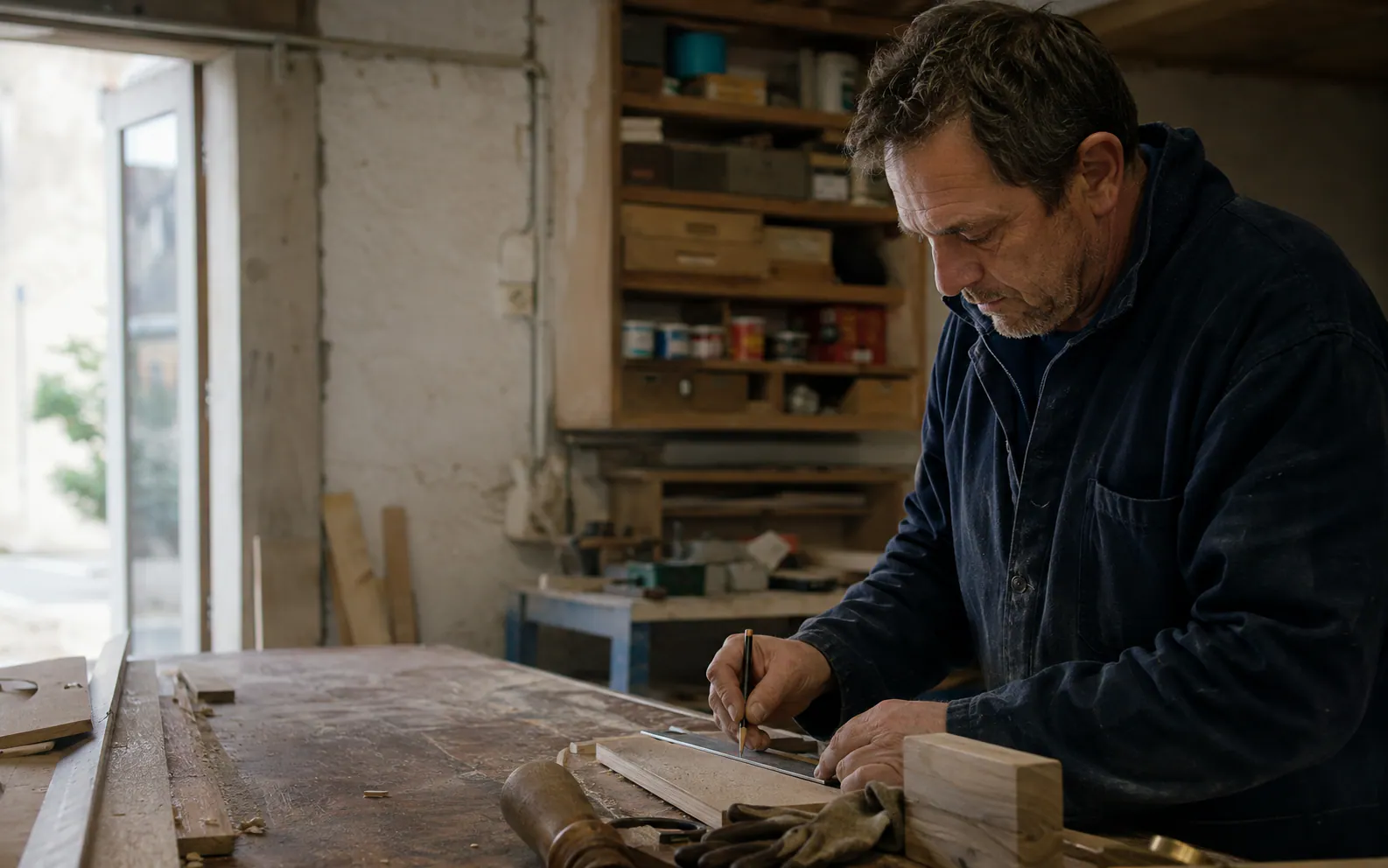 Artisan préparant son travail dans son atelier.