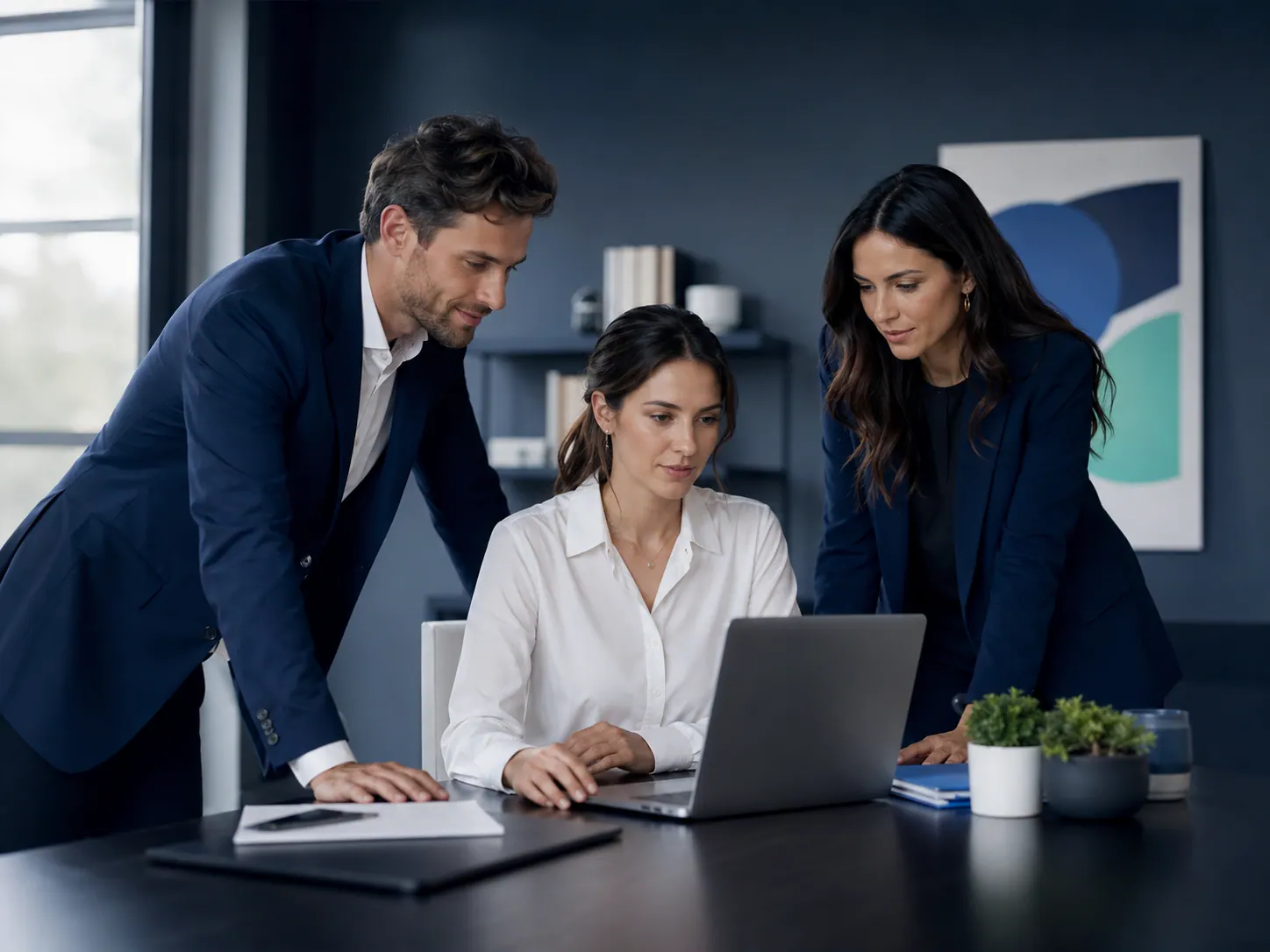 Trois associés organisent ensemble les informations de leur future société.