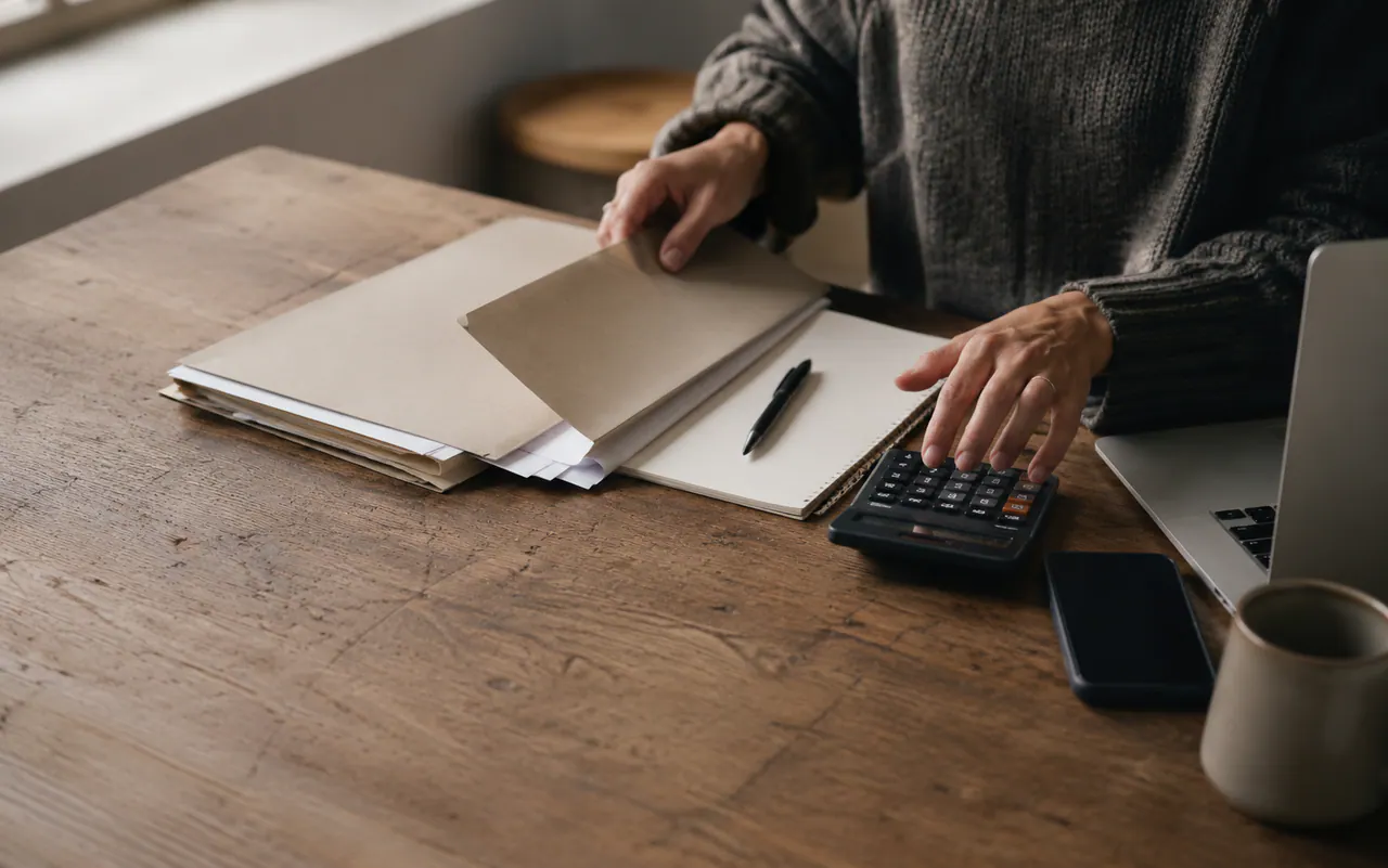 Documents de travail, carnet et calculatrice organisés sur une table.